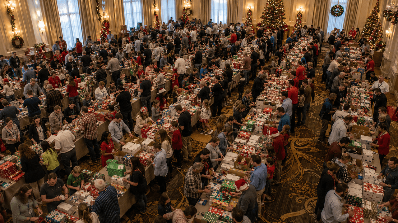 A team wrapping holiday gifts at Operation You Matter